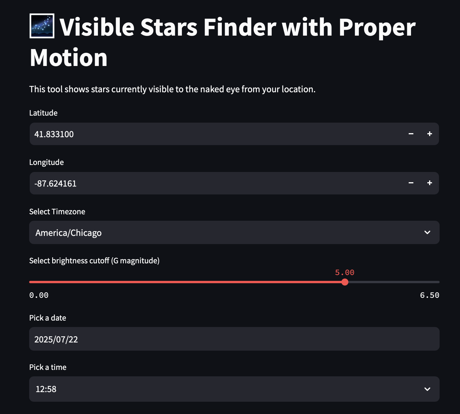 Night Sky Viewer controls
